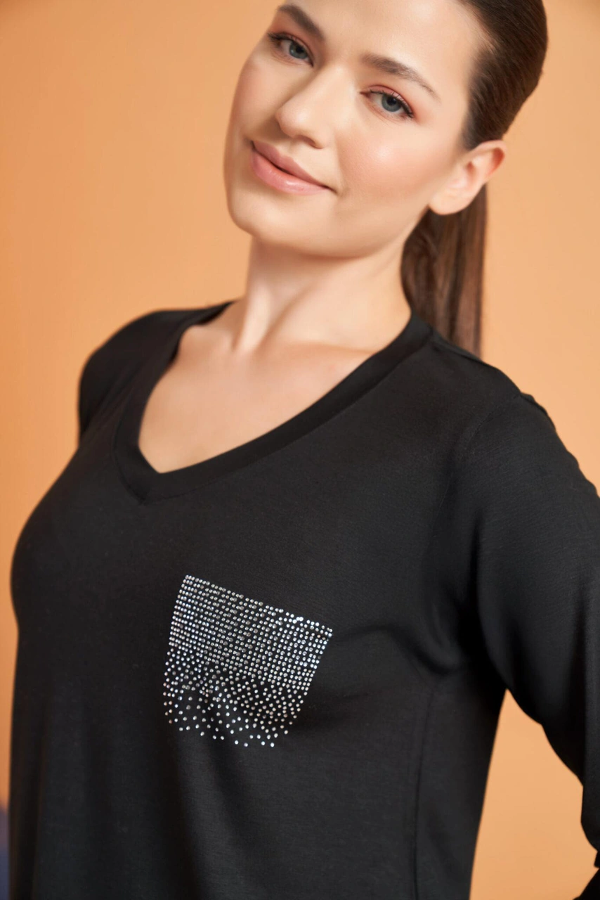 Pjs Kadın V Yaka Likralı Viskon Kumaş Uzun Kollu Eşofman Takım Siyah