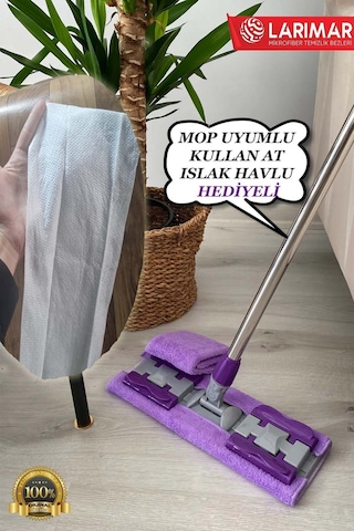 Larimar Kullan At Mop Uyumlu Islak Havlu + Yedek Bez Mor Renk Yer Mopu Mikrofiber Mandallı