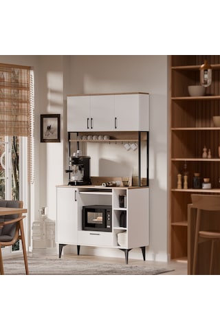 MEZZA 5260 COFFEMATE Kahve Köşesi 105 cm Çok Amaçlı Dolap Kiler Mutfak Dolabı Sepet Beyaz
