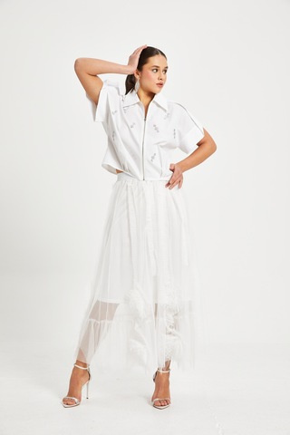 Kadın Tül Detaylı Uzun Etek Astarı Elastan Karışımlı, Özel Tasarım Beyaz