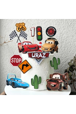 Cars Arabalar Temalı Erkek Çocuk Doğum Günü İsme Özel 3d Çubuklu Pasta Süsü Seti Çocuk