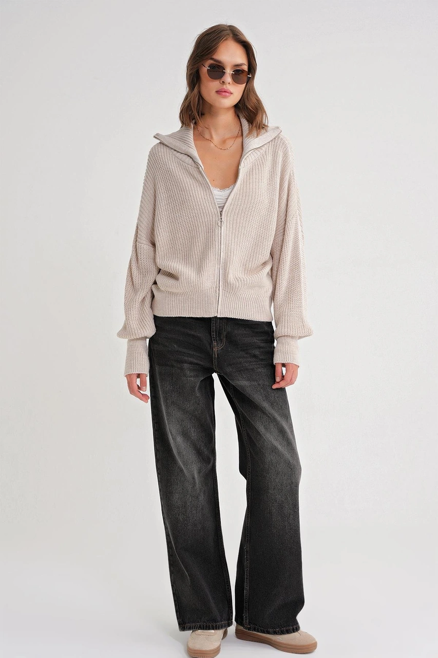 6919 Kadın Fermuarlı Balıkçı Yaka Triko Hırka Taş Taş