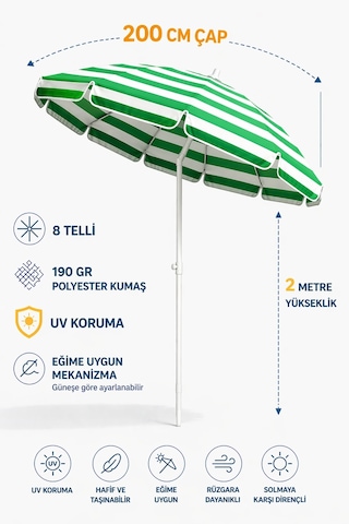 Yeşil Beyaz 200cm, 8 Telli Plaj Şemsiyesi Yeşil - Beyaz