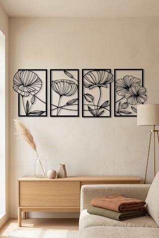 4 Parçalı Çiçek Desenli Duvar Dekoru Seti 23x2 Cm
