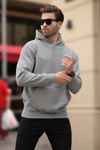 Madmext Boyalı Gri Kapüşonlu Cep Detaylı Sweatshirt 7095 Gri