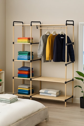 Ne-03 Modüler Raflı %100 Masif Ahşap Elbise Askısı Açık Gardırop Ahşap