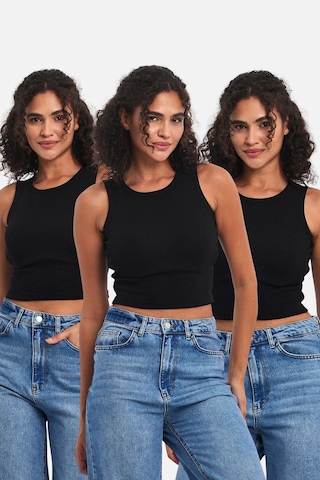 Mmetalic Fitilli Siyah Crop Halter Yaka Sıfır Kol Pamuklu 3'lü Kadın Atlet