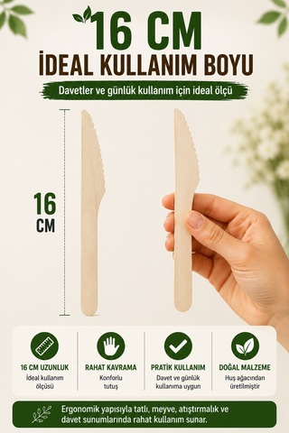 50'li Ekolojik Tahta Bıçak 16 Cm Doğal Huş Ağacı Kullan At Davet Parti Organizasyon Seti