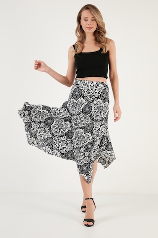 Lela Desenli Dar Kesim Asimetrik Midi Bayan Etek 5865621 Siyah-Beyaz