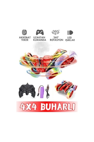 Giffy/oyuncak Buhar Atan Akrobatik Araba 2.4 Ghz Uzaktan Kumandalı Şarjlı Led Işıklı Kırmızı