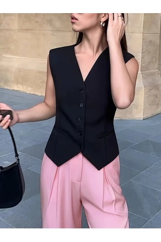 Sensuelle Kadın Sıfır Kollu Önden Düğmeli Atlas Yelek Siyah