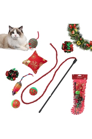 Yılbaşı Konseptli Kedi Oyuncak Seti Zilli, Peluş Ve Oltalı Eğlenceli Kedi Oyun Seti