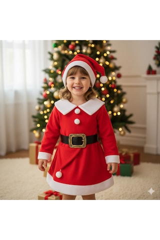 Uğurlu Bebe Kız Çocuk Kırmızı Yeni Yıl Noel Kostüm Elbise Seti Yılbaşı Kırmızı