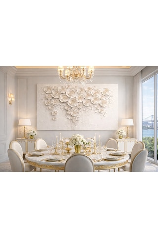 Güllü Kalp Tablo 3d Dokulu Beyaz Çiçek Duvar Dekoru, Modern Luxury Kanvas