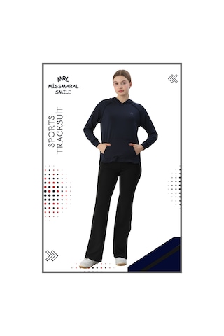 Kadın Spor Eşofman Takım İspanyol Paça Çift Cepli Alt &kapüşonlu Kanguru Cepli Üst Lacivert 3053 Lacivert