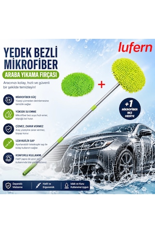 Yedek Bezli Mikrofiber Araba Yıkama Fırçası Kir İz Bırakmaz Kaporta Cam Yüzey Jant Teleskopik Sap