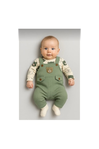 Uğur Bebe Ayı Desenli Erkek Bebek Tulum 3 Lü Tulum Seti Zıbın Tulum Çorap 3-6-9 Ay Bebek Kıyafeti Yeşil Renk Yeşil Yeşil