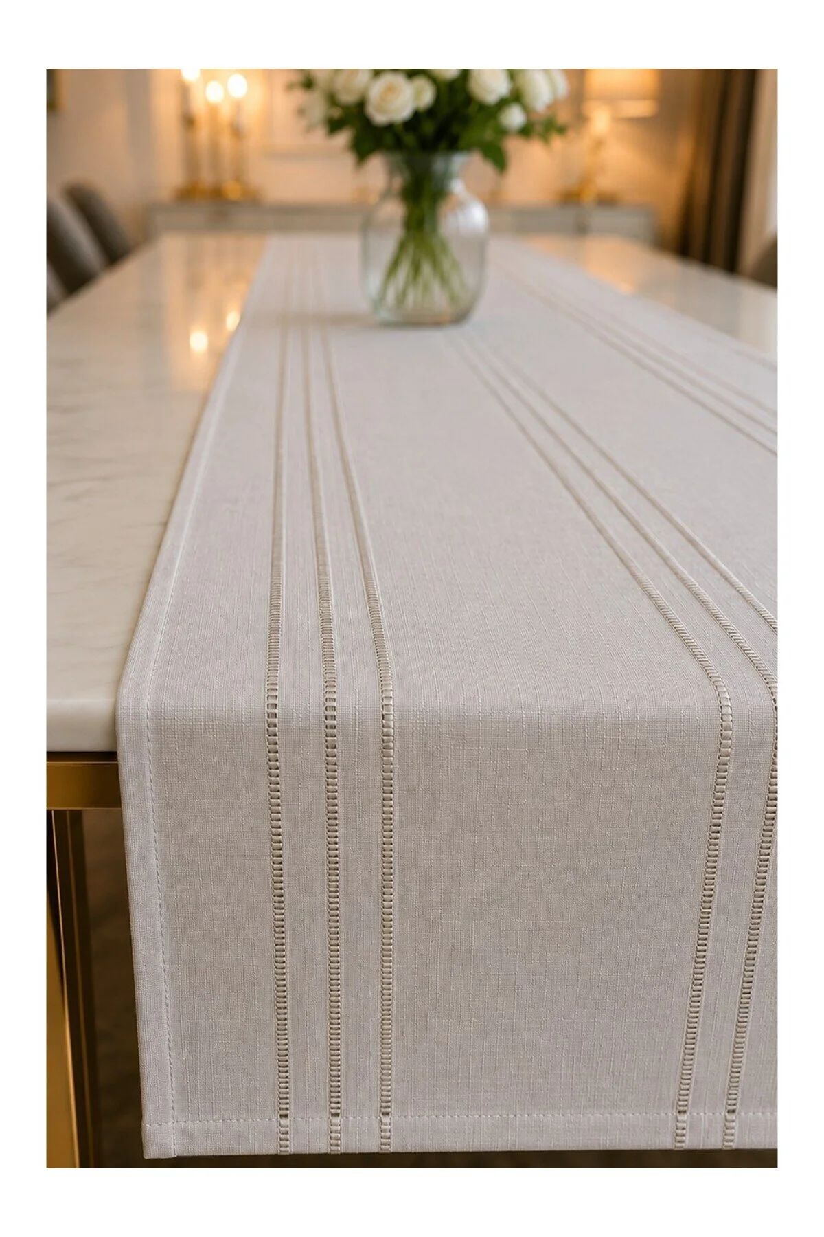 %100 Polyester Dertsiz Leke Tutmaz Şerit Desenli Runner Masa Örtüsü 53x200 Cm Taş Gri