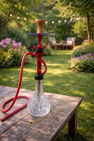Lüks Cam Nargile Takımı 60 Cm Kırmızı Metal Gövde, Şeffaf Cam Taban 16 Cm, Bahçe Balkon Teras Kullanımına Uygun