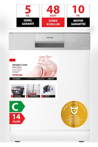 Toshiba DW-14F6ME W TR Uv Hijyen Ve Breez Dry Kurutma 8 Programlı Bulaşık Makinesi Beyaz
