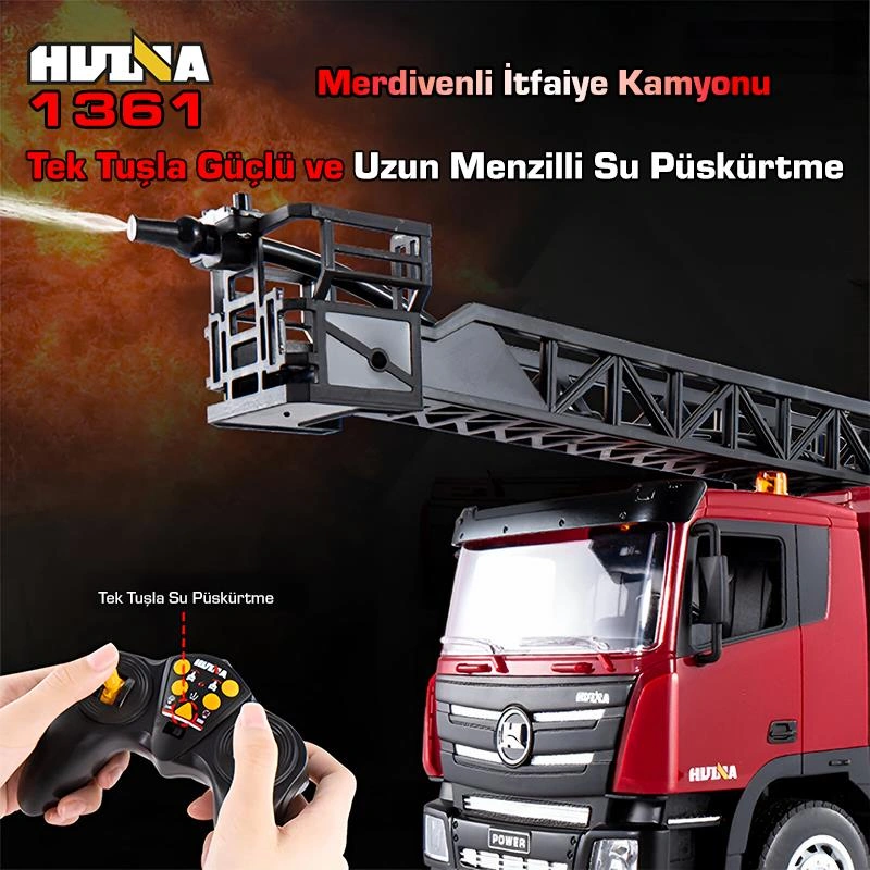 Huına 1361 1/18 15ch Rc Model Uzaktan Kumandalı Merdivenli Yangın Söndürme İtfaiye Kamyonu İş Makinesi -su Püskürtme Fonksiyonlu-2.4g Gerçekçi Similasyon Ses Ve Işık Sistemi