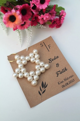 40 Adet Bohem Kartlı İnci Yıldız Anahtarlık - Nişan Hediyesi - Kı