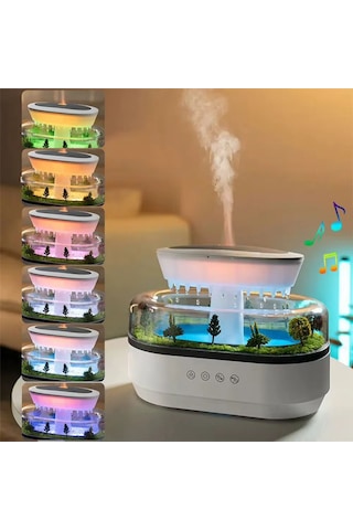 Yağmur Damlası Efektli Aroma Terapi Hava Nemlendirici Led Ambiyans Işıklı, Rahatlatıcı Doğa Sesli, Sessiz Çalışma
