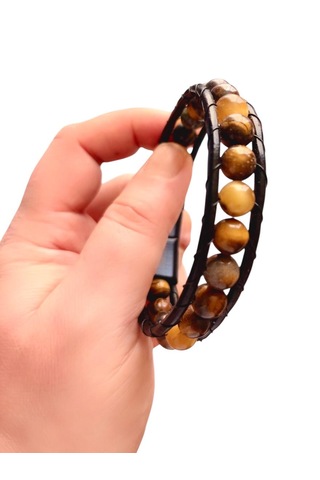 Kaplan Gözü Doğal Taş Çelik Hakiki Deri Erkek Bileklik 21 Cm Kahverengi - Siyah