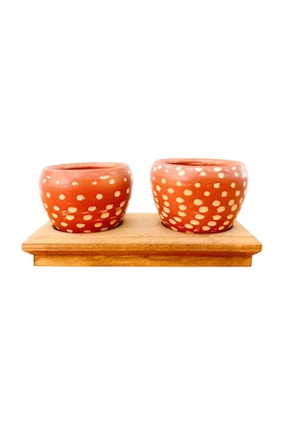 Bitki Tasarımı Ev Dekorasyon Aksesuar Beyaz Nokta Terakota Saksı İkili Ahşap Tabanlı Çiçeklik Saksı Saksılık 1 L