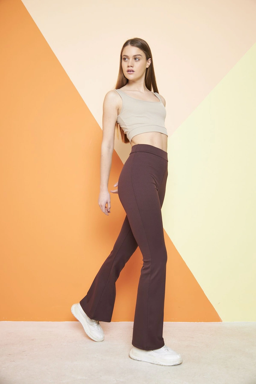 Siyah Yüksek Bel Fitilli Ispanyol Paça Interlok Örme Kadın Tayt Kahverengi