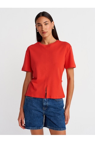 Dilvin 31874 Yırtmaç Detaylı T-shirt-kırmızı Kırmızı