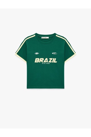 Koton Pamuklu Slim Fit Bisiklet Yaka Biyeli Kısa Kollu Baskılı Tişört Yeşil 6sal10779ık