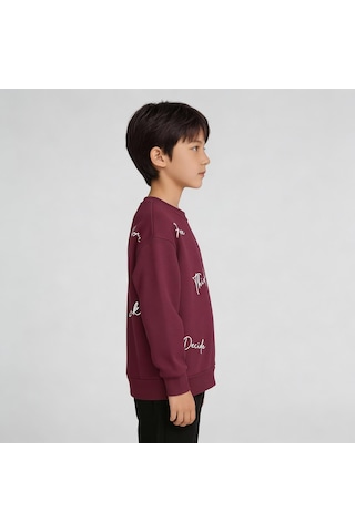 King-Brich Bisiklet Yaka Nakışlı Oversize Kalıp Çocuk Sweatshirt Bordo