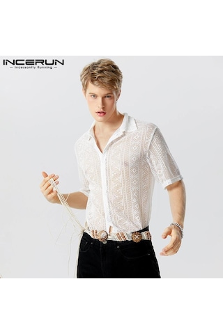 Incerun Yaz Erkek Yarım Kol Şeffaf Fileli İplik Dantel Gömlekler Beyaz