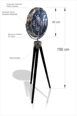 Tripod Tripot 3 Ayaklı Saat Dışarıdan Görünen Gerçek Döner Çarklı Krom Çerçeveli Camlı Yer İstasyon Vitrin Köşe Salon Koridor Eşsiz Hediyelik Masa Duvar Yer Saati