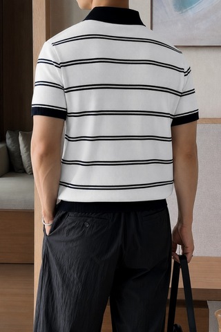 Tarz Cool Erkek Çizgili Polo Yaka Viskon Triko Tişört Slim Fit Yazlık Şık Triko Polo Beyaz