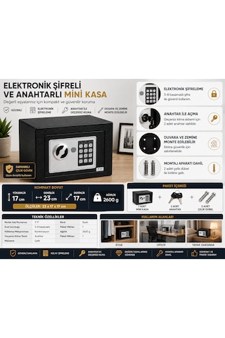 Elektronik Şifreli Anahtarlı Mini Kasa T17 Çelik Kasa 23x17x17 Cm 2 Anahtar + 2 Çelik Dübel