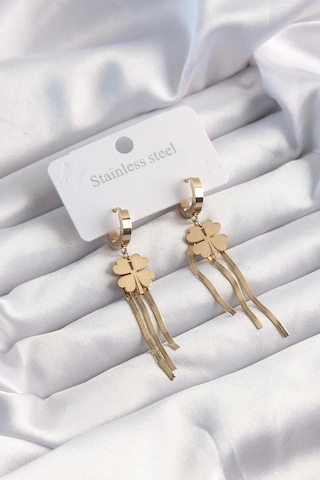 316l Çelik Altın Renk İtalyan Zincirli Yonca Model Halka Küpe