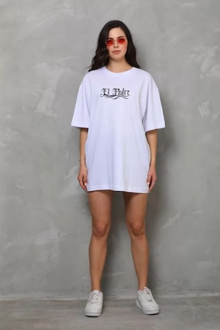 Amorluxe Unisex Bisiklet Yaka Baskılı Oversize T-shirt - Beyaz