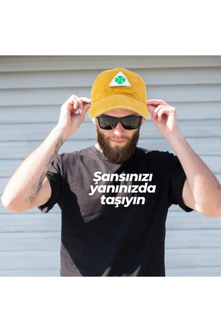 Perlotus Vintage Yıkamalı Pamuk Şapka Dört Yapraklı Yonca Nakışlı Sarı Sarı