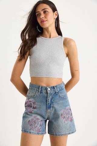 Shade Kadın Gül Desenli Renkli Taş Baskılı Yüksek Bel Denim Şort 424 60283441 - Mavi