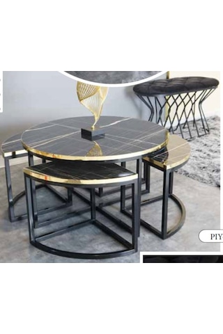 Mim Siyah Mermer - Siyah Yuvarlak 4+1 Pizza Orta Sehpa Siyah Mermer - Siyah