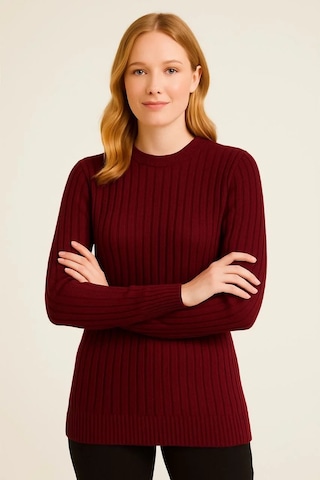Kadın Bisiklet Yuvarlak Yaka Triko Kazak Pamuklu Kalın Fitilli Dokuma, Regular Fit Uzun Kollu Kışlık Bordo