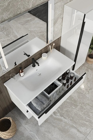 Banyo Kadife Beyaz Parlak Hıgh Gloss %100 Mdf 100 Cm Banyo Dolabı Ledli Aynalı Üst Dolap Boy Dolabı Beyaz