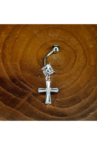 Aya Tasarım Gümüş Renkli Taşlı Haç Figürlü Göbek Piercing Gümüş
