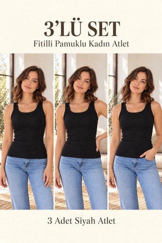 Erdenay Tekstil Fitilli Kalın Askılı Pamuklu Basic Kadın Atlet - Siyah 3'lü Set Siyah 3lü