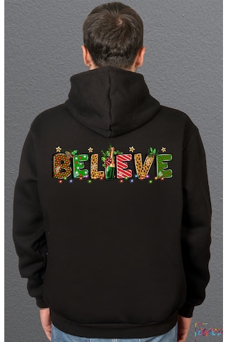 Bumeta Believe Christmas Yılbaşı Baskılı Sweatshirt Unisex Kapüşonlu Hoodie Siyah