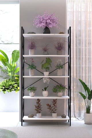Manolya 5 Raflı Metal Çiçeklik 180x90 Cm Dekoratif Bitki Standı Çok Amaçlı Kitaplık Salon Balkon Ofis Raf Ünitesi Beyaz