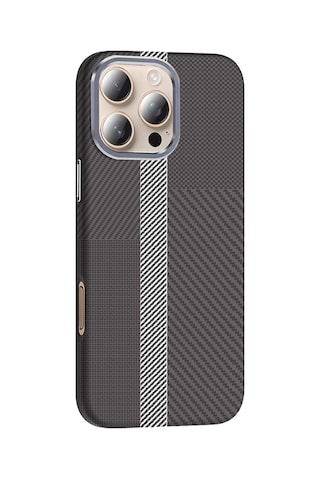 İphone Uyumlu 16 Pro Max Kılıf M-safe Şarj Özellikli Karbon Fiber Görünümlü Gros Kılıf Gri - Siyah