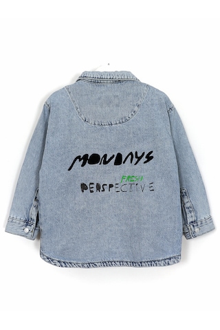 Gömlek Yaka Ön Ve Arkası Baskılı Erkek Çocuk Denim Ceket 1996 Mavi